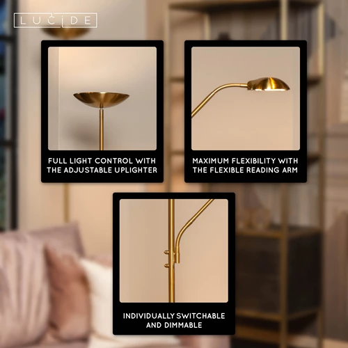 Lucide ZENITH - Floor reading lamp - LED Dim. - 3000K - Matt Gold / Brass - USP